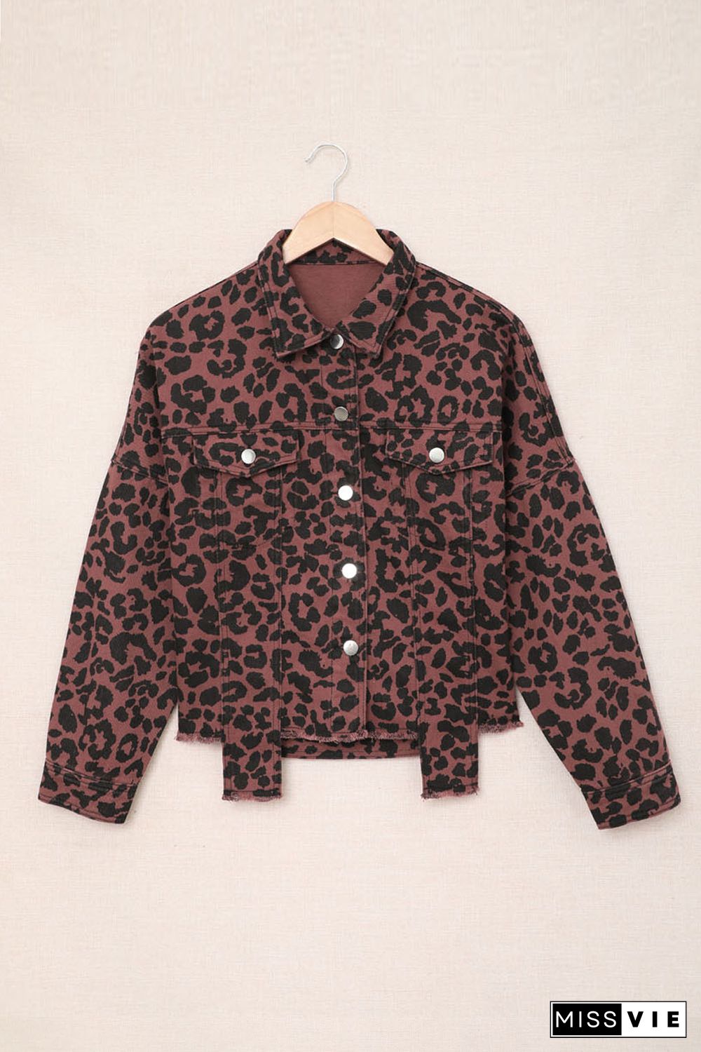 Brown Leopard Print Raw Hem Buttoned Cropped Jacket