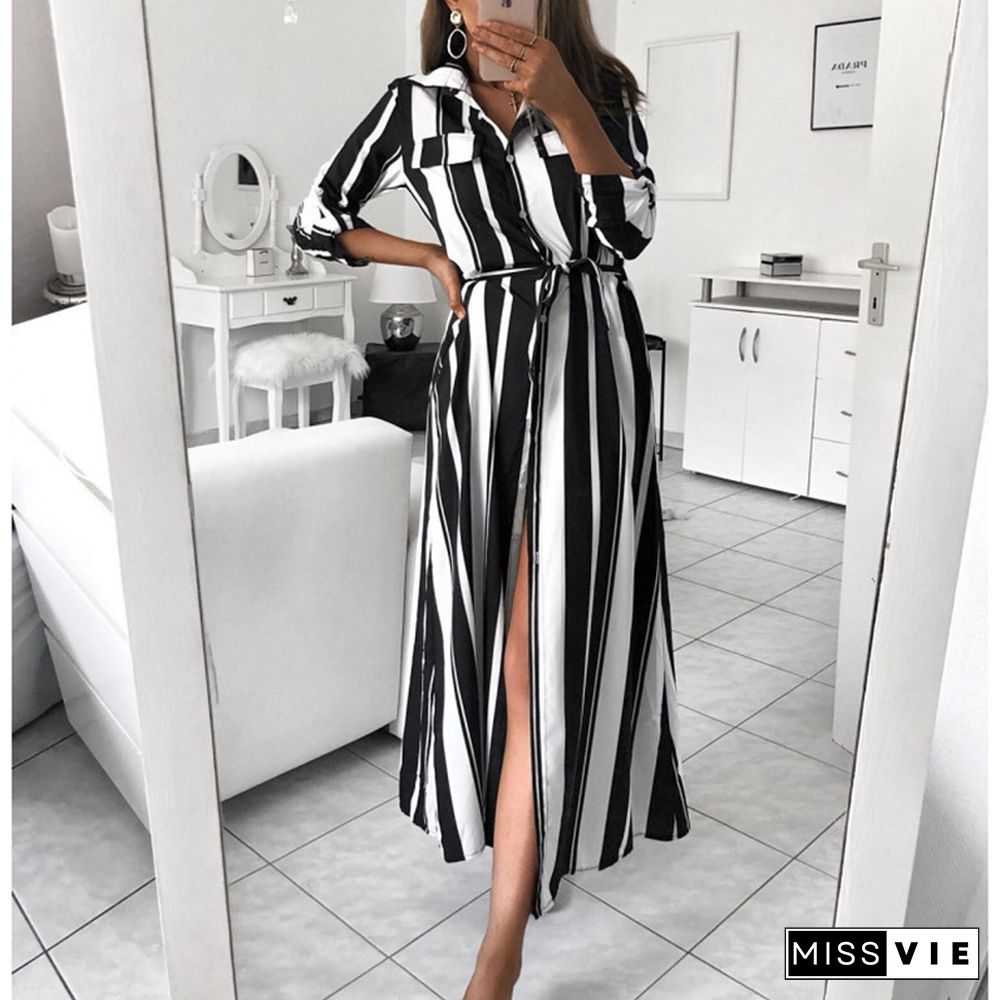 Office Lady Turn-Down Collar Button Lace Up Long Shirt Dress Women Autumn Spring Long Sleeve Stripe Maxi Dresses