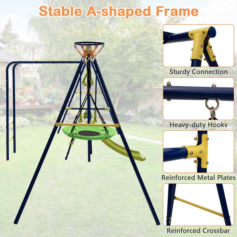 7-in-1 Extra Large Outdoor Swing Set for Backyard, 660 lbs Heavy Duty Swing Set with A-Frame Metal Swing Stand