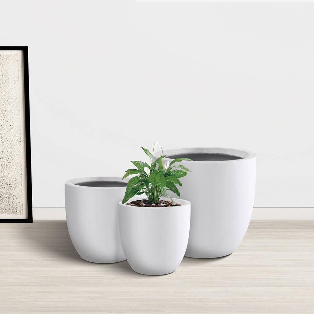 KANTE 18 in.， 14 in. and 10 in.W Pure White Concrete Round Planters (Set of 3)， Outdoor Indoor Modern Seamless Planter Pots RC0050ABC-C80011