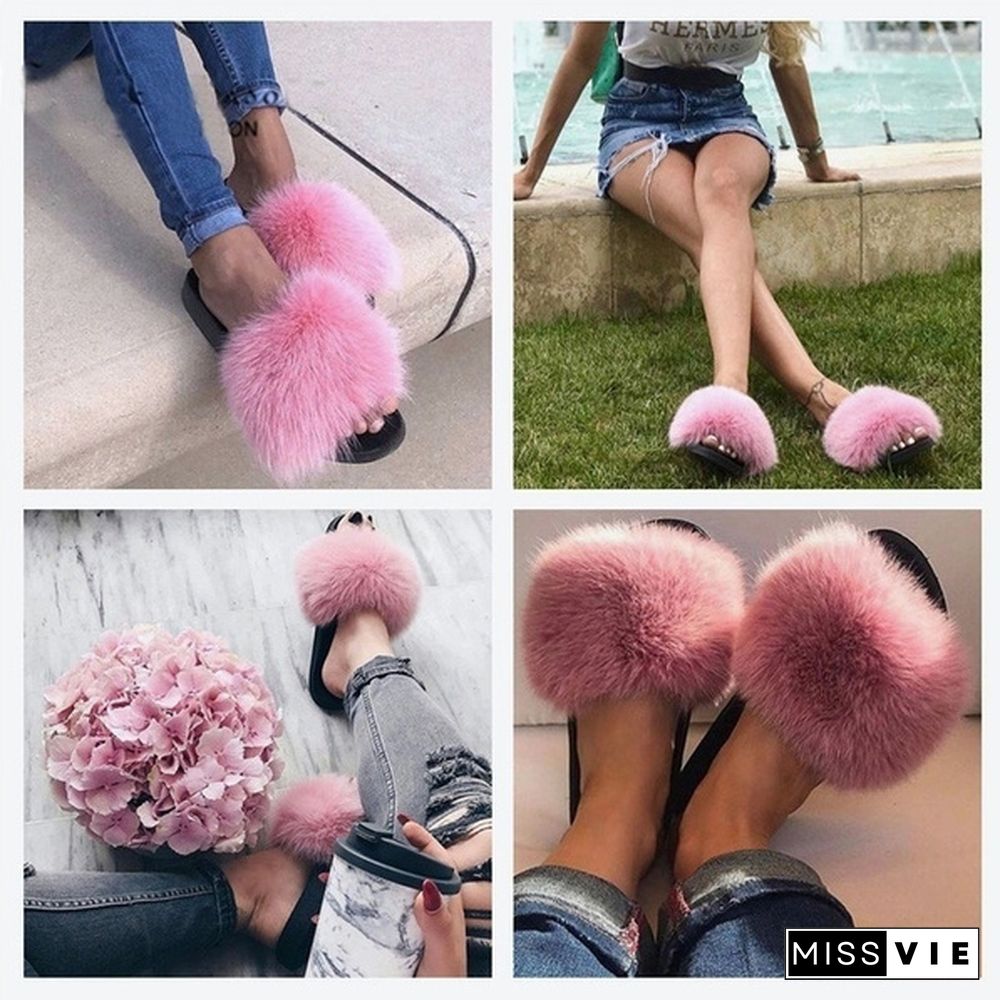 Women New Fashion Fluffy Faux Fur Slippers Sandals Indoor Outdoor Plush Slides Home Flat Shoes