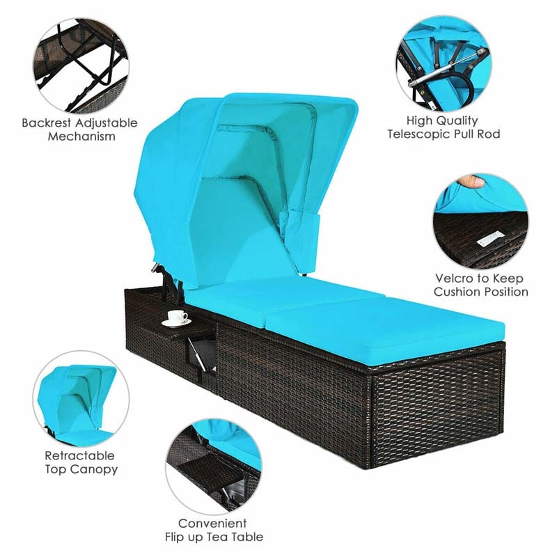 Cushioned Rattan Outdoor Chaise Lounge Chair Sun Lounger 5-Position with Folding Canopy & Flip-up Tea Table