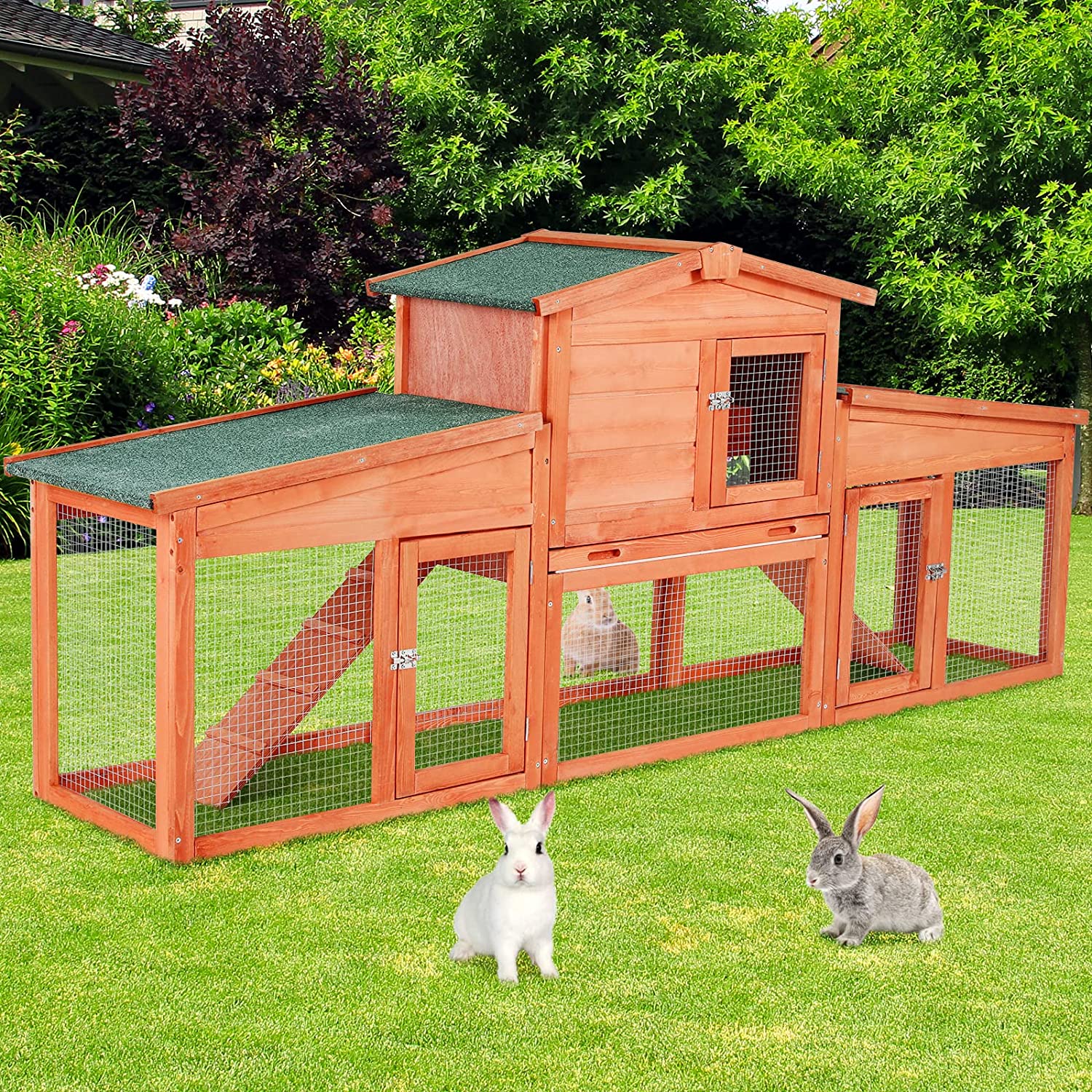 Arlopu 80.3'' Rabbit Cage Fir Wood Rabbit Hutch Outdoor Yard Small Animal Bunny Cage with Asphalt Roof