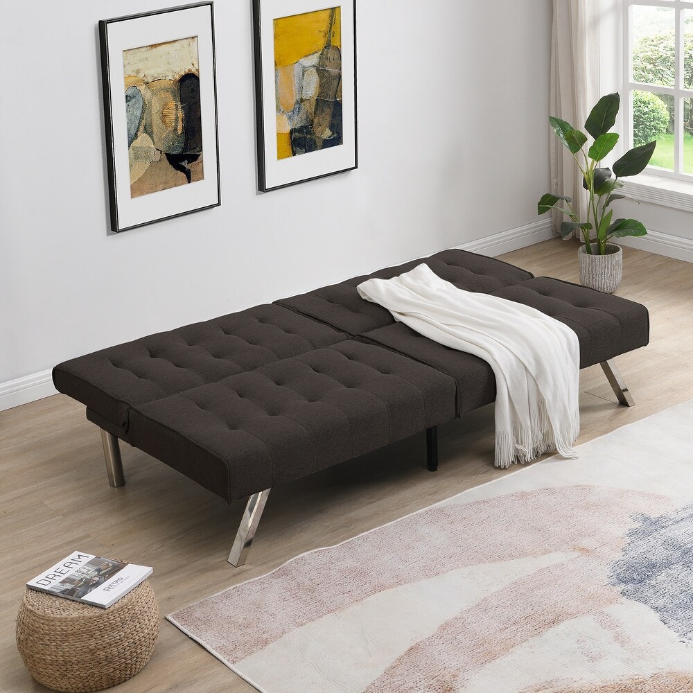 Convertible Futon Sofa Bed Folding Linen Upholstered Loveseat for Living Room with Adjustable Backrest Sofa and Stainless Legs