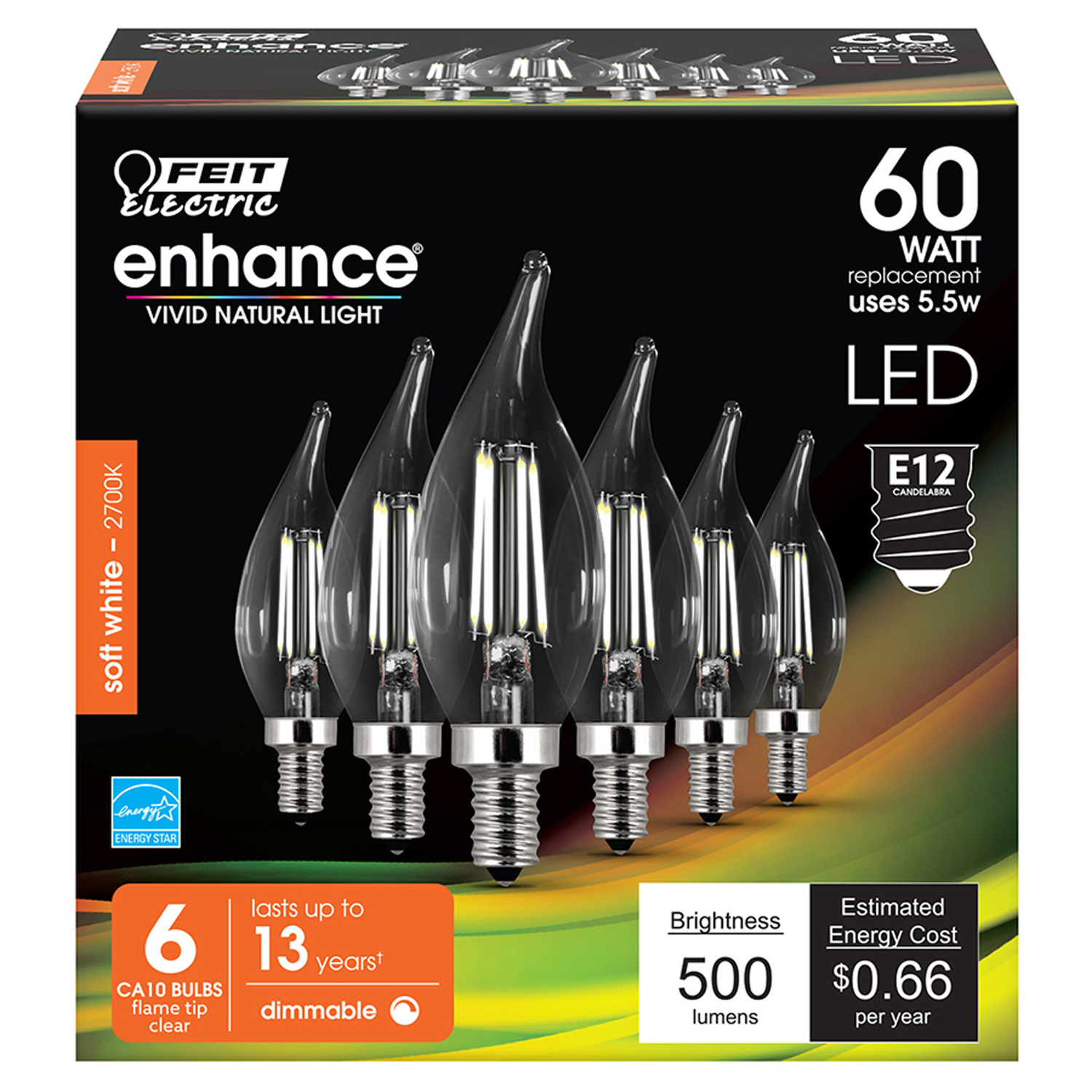 Feit Enhance CA10 E12 (Candelabra) Filament LED Bulb Soft White 60 Watt Equivalence 6 pk