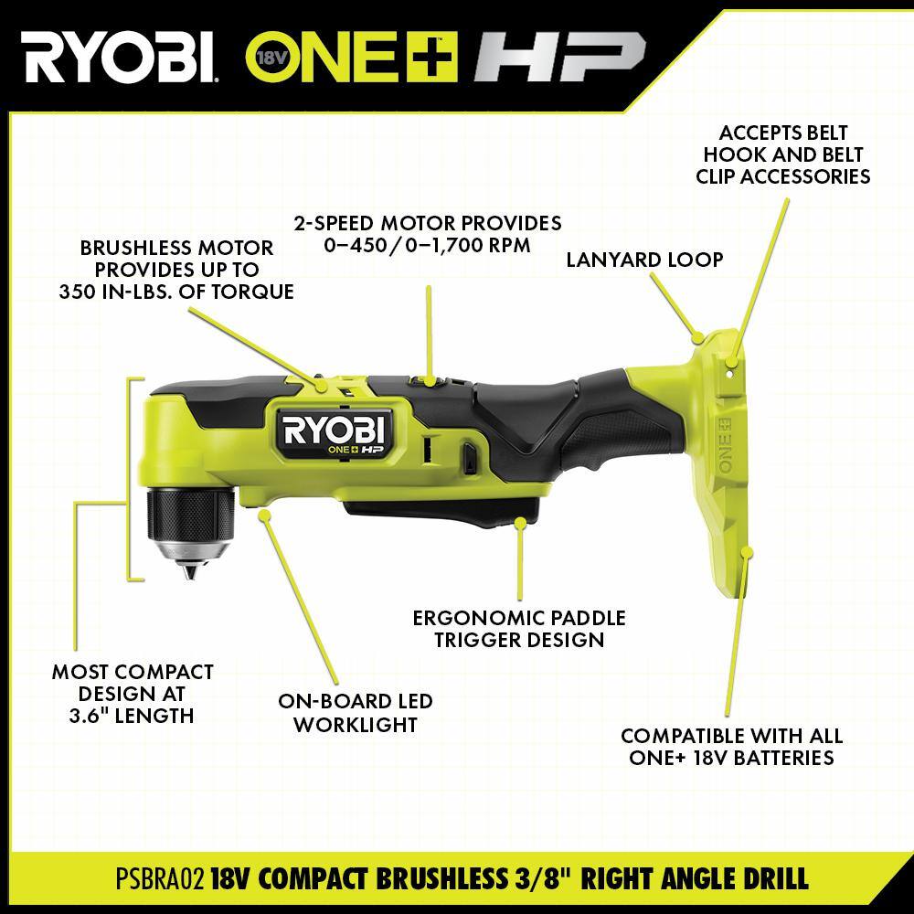 RYOBI ONE+ HP 18V Brushless Cordless Compact 12 in. DrillDriver 38 in. Right Angle Drill (2) Batteries Charger and Bag PSBDD01K-PSBRA02B