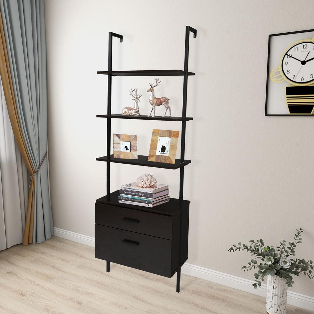 Outopee Industrial 72 in. Black MDF 5-Shelf Standard Bookcase with Wood Drawers 302992574119