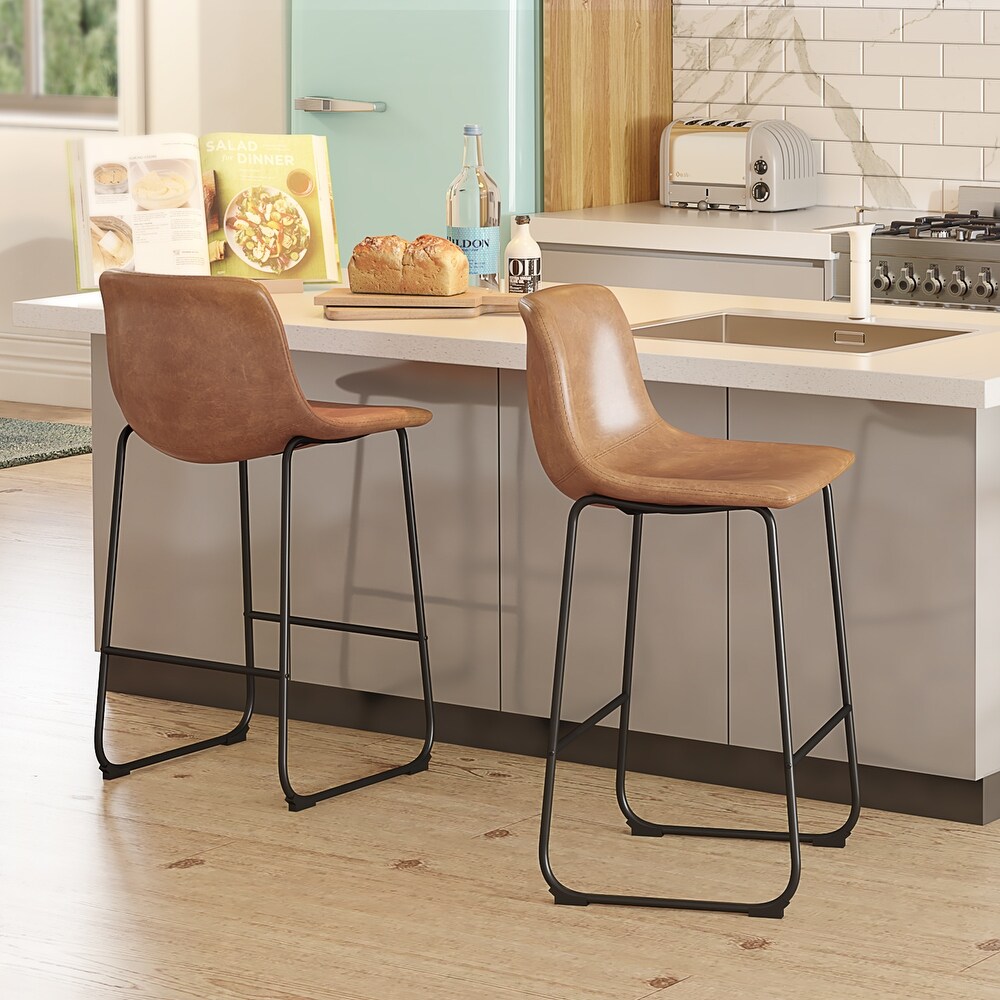 Counter Height Bar Stools Set of 2 PU Leather Barstools with Metal Leg