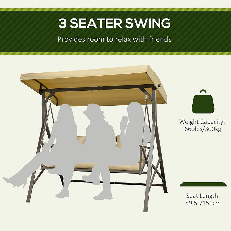 Outsunny 3-Seat Patio Swing Chair， Outdoor Canopy Swing Glider with Cushion， Khaki