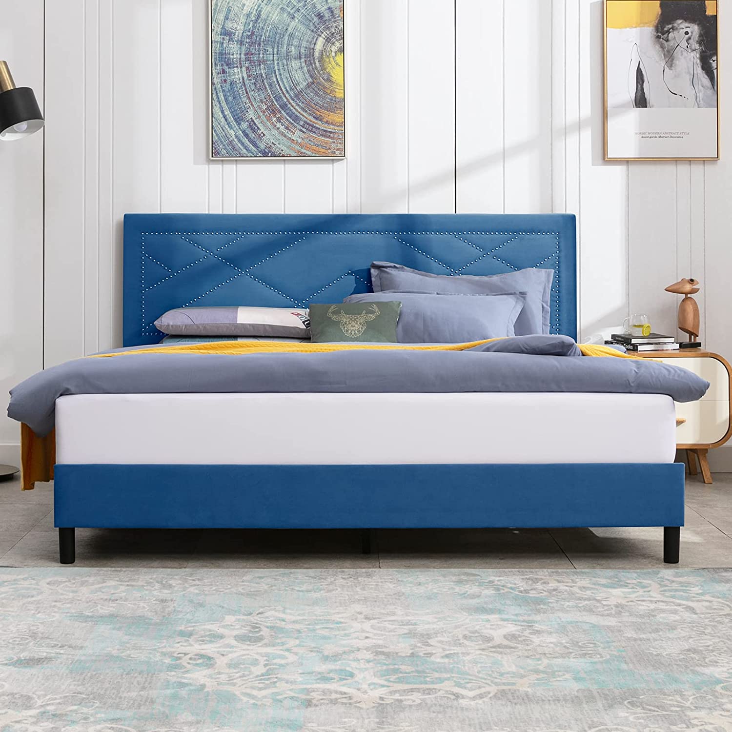 Mixoy King Bed Frame with High Headboard, Upholstered Platform Bed with Rivet Design, Wood Slat Support, Easy Assembly (King, Blue)