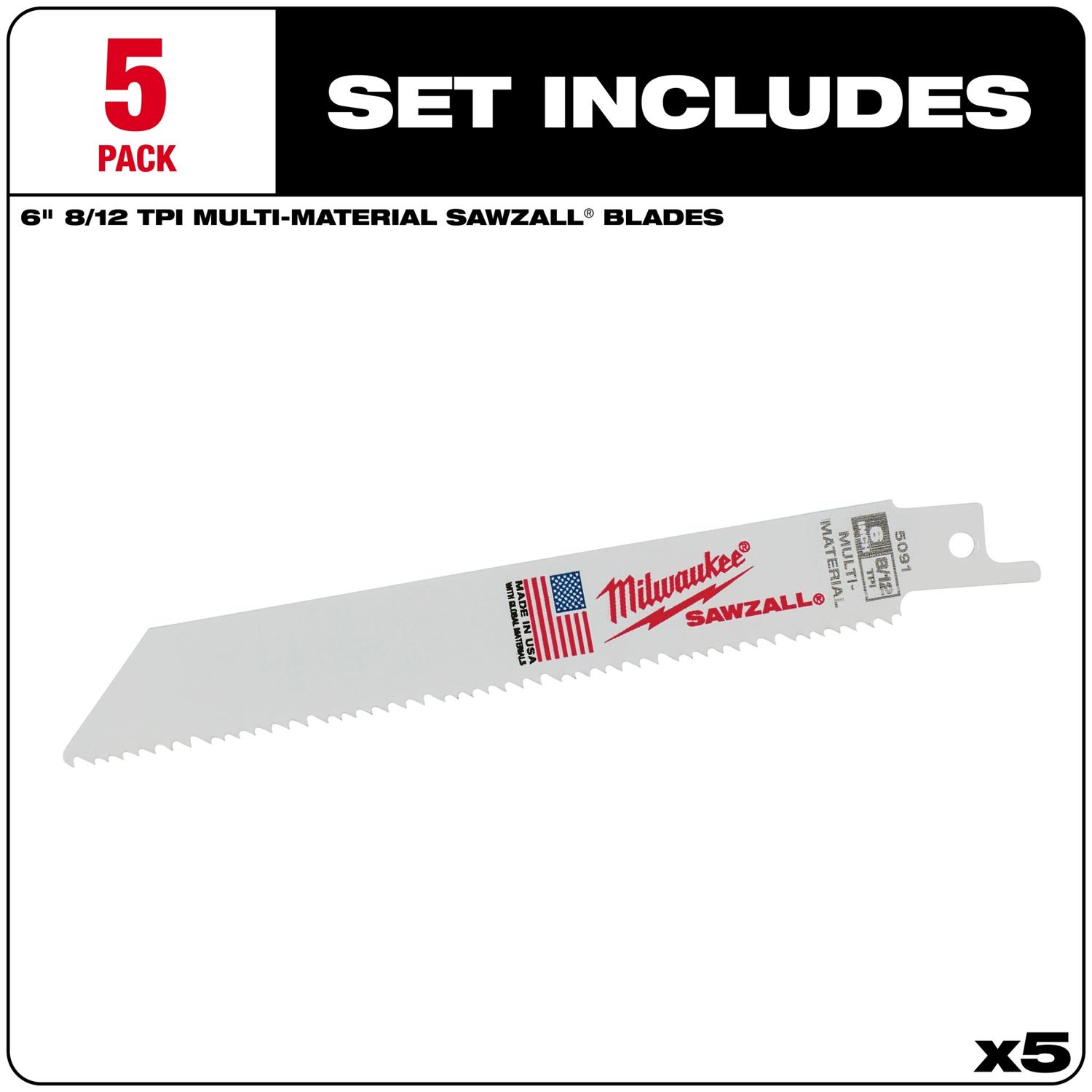 MW SAWZALL 6 in. Bi-Metal Thin Kerf Reciprocating Saw Blade 8/12 TPI 5 pk