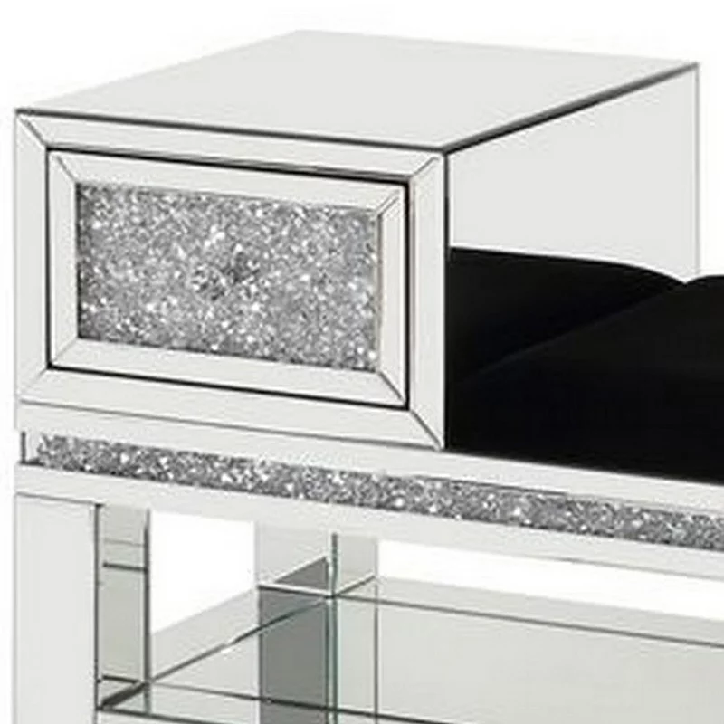 Mirrored Storage Bench with Faux Diamonds and Open Shelf， Silver