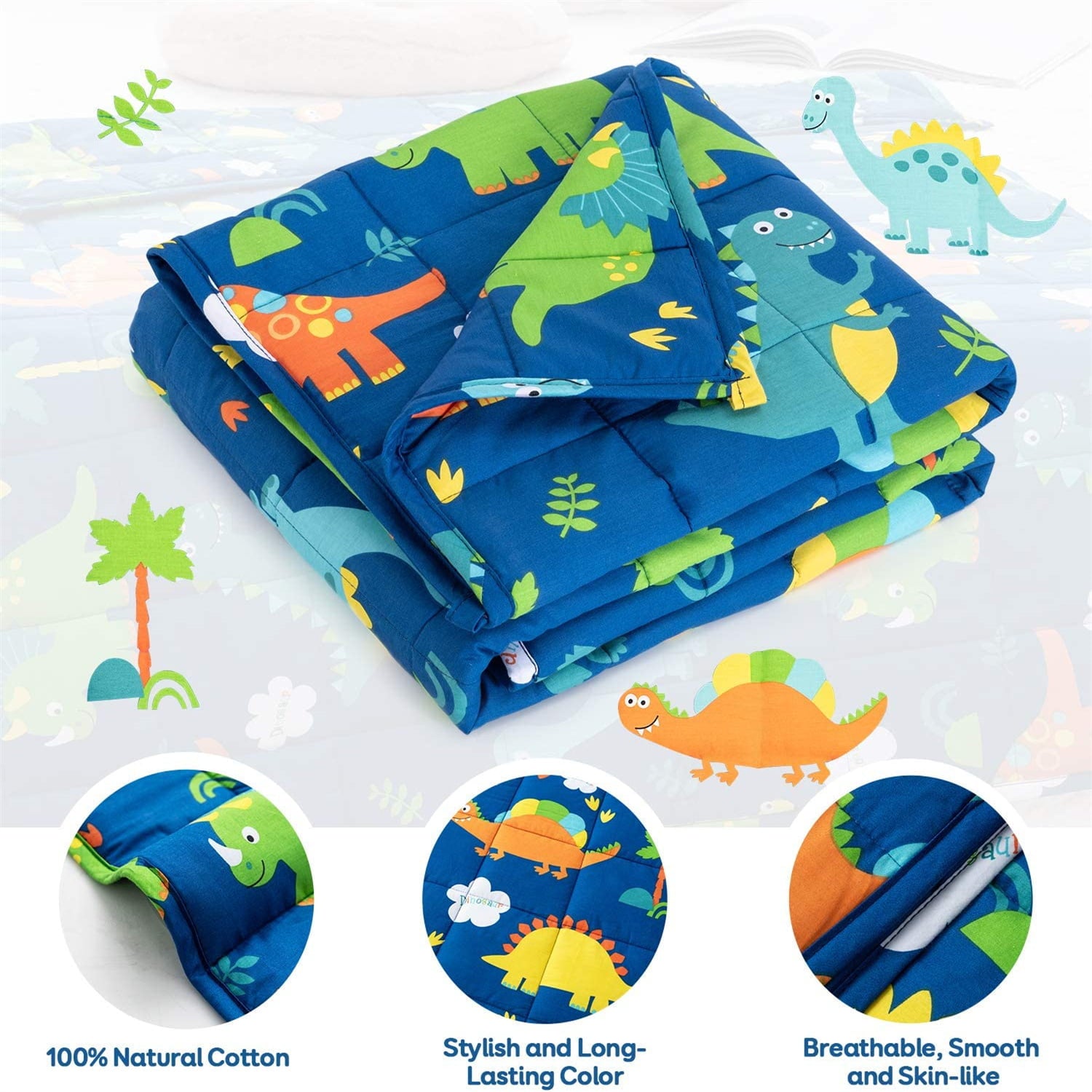 Sivio Kids Weighted Blanket， 3lbs 100% Natural Cotton Heavy Blanket for Kids and Toddler， 36 x 48 inches， Blue Dinosaur