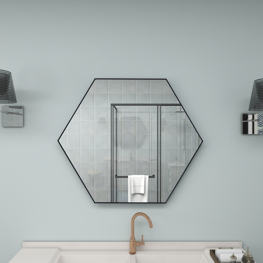 Contemporary Hexagon Wood Wall Mirror   Multiple Finishes and Sizes