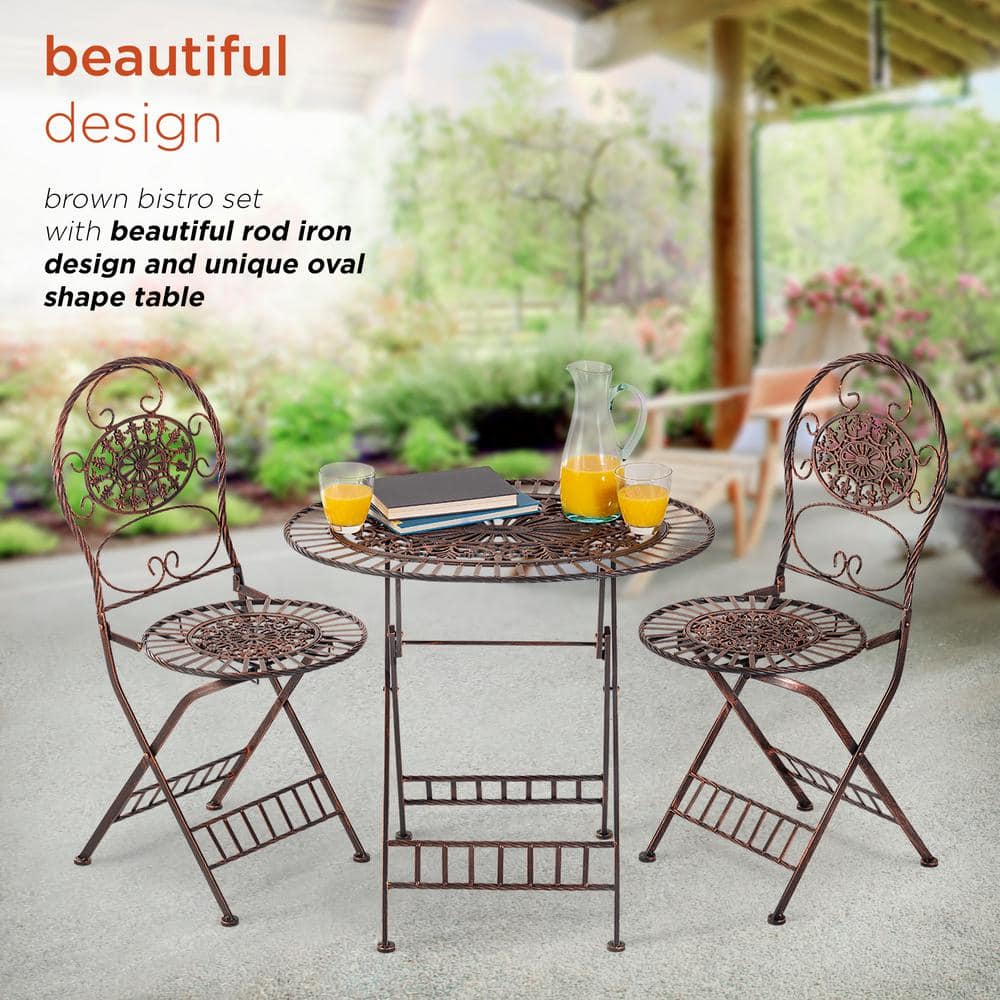 Alpine Corporation 3-Piece Indoor/Outdoor Oval Bistro Set Folding Table and Chairs Patio Seating, Bronze KIY212A-BR