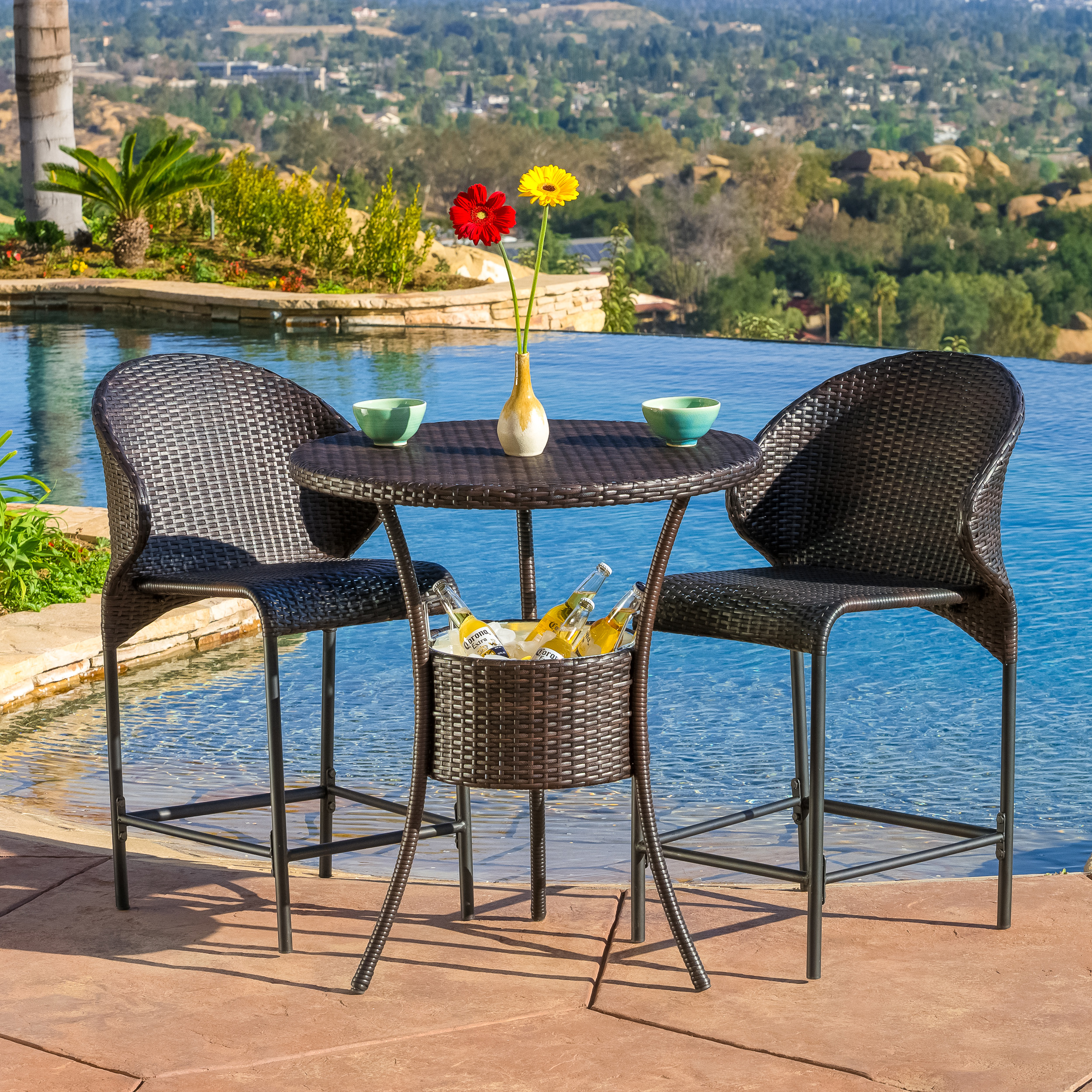 Sunset Multibrown Wicker Outdoor Bistro Bar Set With Ice Pail