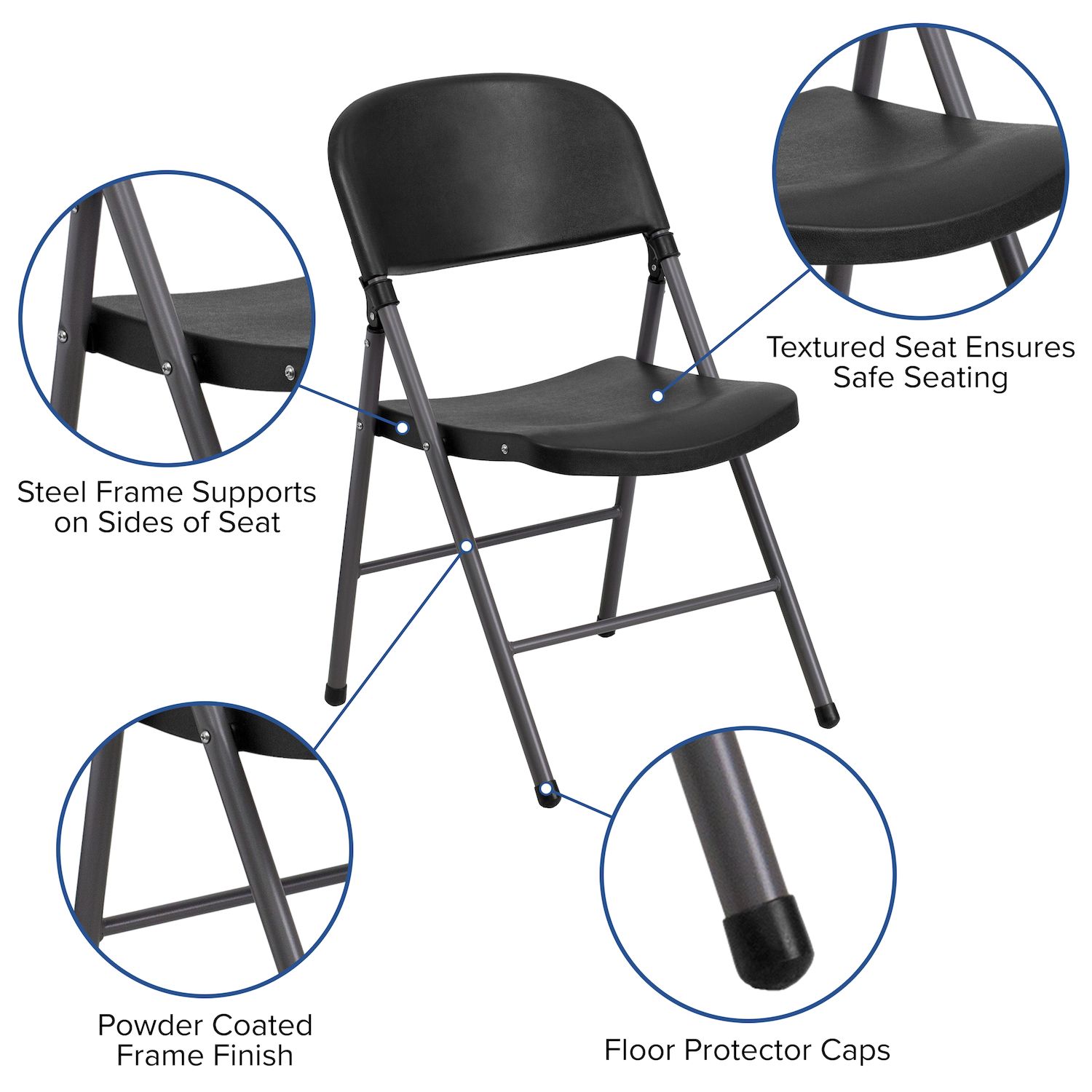 Emma and Oliver 6 Pack 330 lb. Capacity Black Plastic Folding Chair - Charcoal Frame - Event Chair