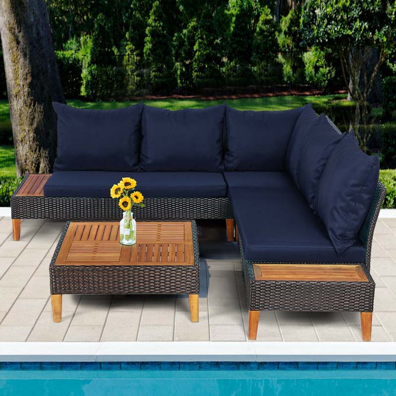 4 Pcs Acacia Wood Rattan Patio Conversation Set Outdoor Sectional Sofa Set with Coffee Table