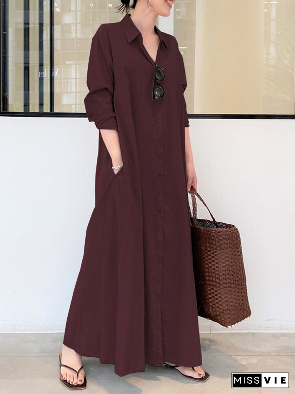 Solid Color Pocket Button Long SLeeve Casual Dress for Women