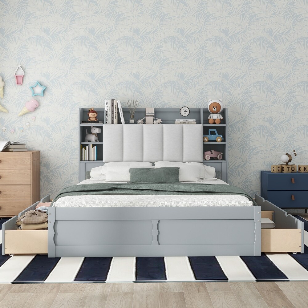 Queen Size Platform Bed w/ Storage Headboard   4 Drawers  Solid Wood Bedframe w/Shelves   Slat Support  No Box Spring Needed