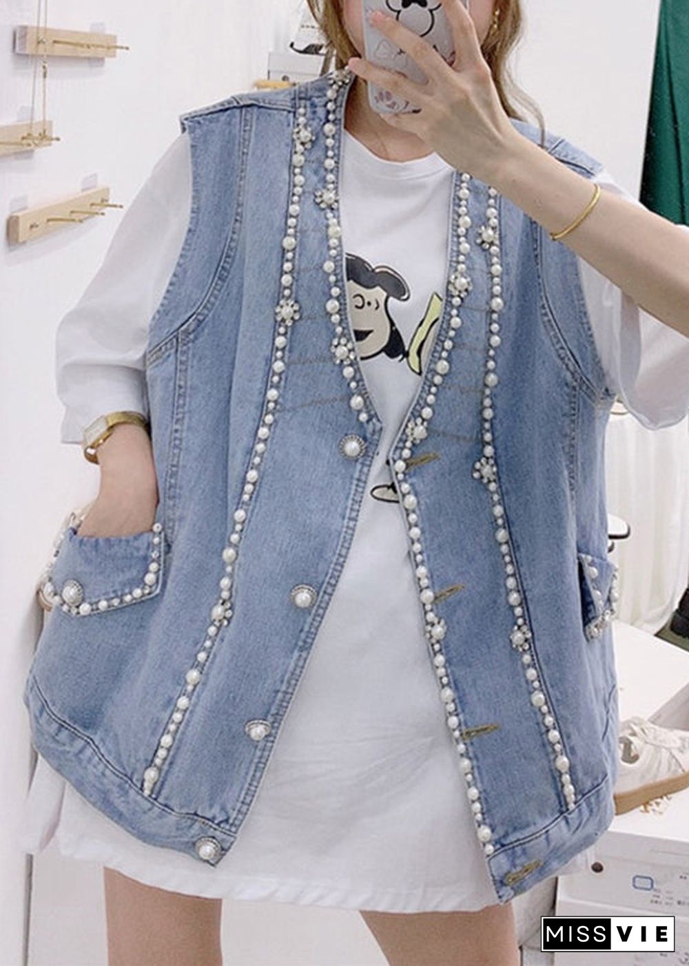 Cute Blue V Neck Patchwork Nail Bead Denim Waistcoat Fall