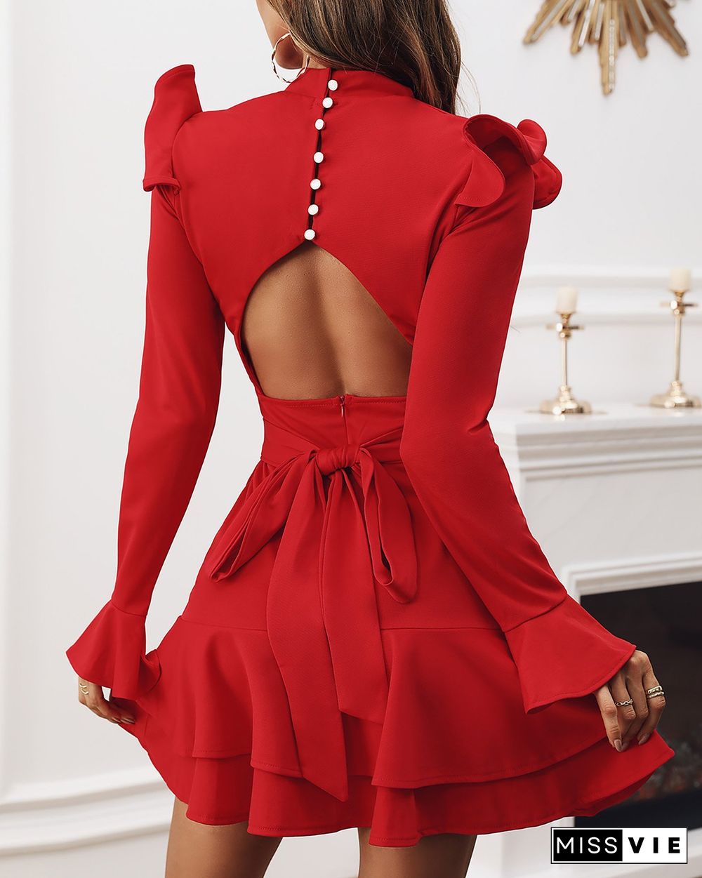 Solid Backless Ruffle Long Sleeve Dress P14905