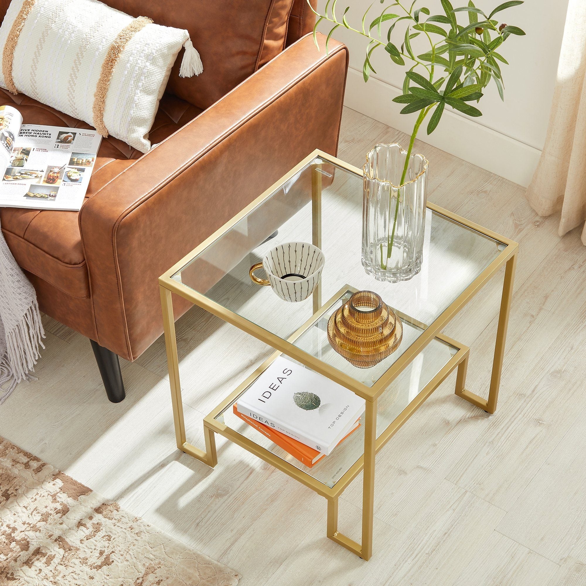 VASAGLE Square Sofa Side Table， Gold-colored， Tempered Glass， Steel Frame - 19.69