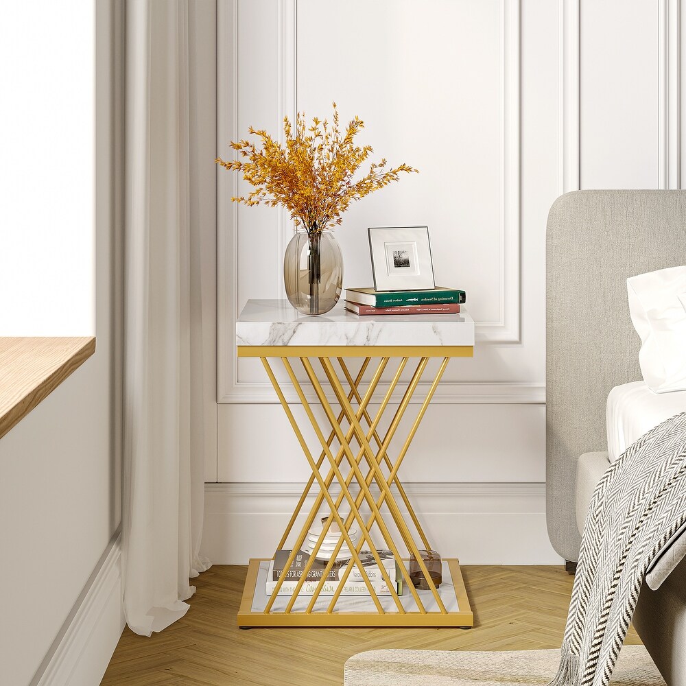 Faux Marble White and Gold Square Side Table End Table