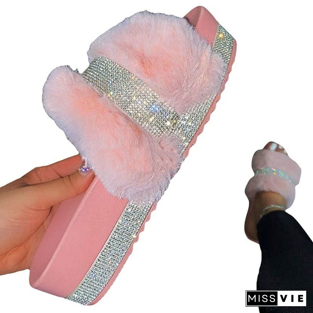 Women's Fashion Furry Slippers Platform Rhinestone Slippers