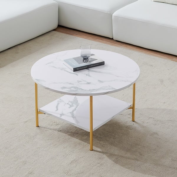 Modern Round Coffee Table with Storage Metal Frame with Marble Color Top-31.5