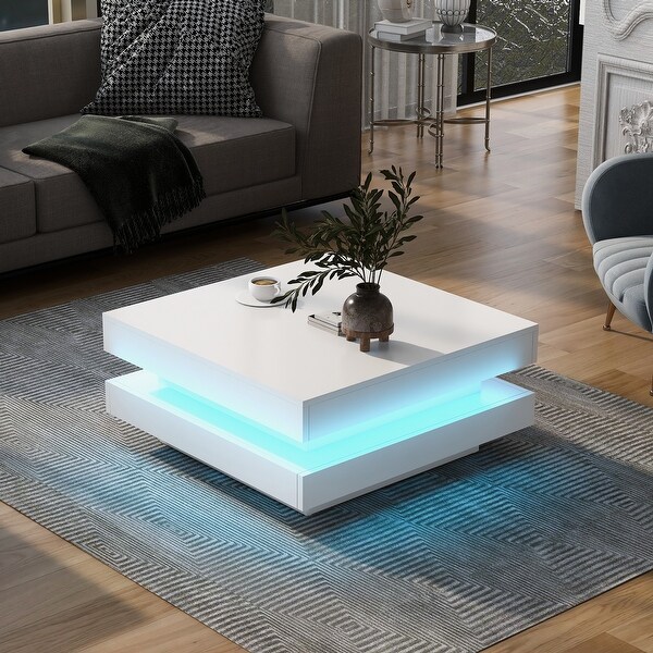 Mieres Modern Coffee Table，Wooden Cocktail Table，Square Coffee Table with LED Lights and Doublelayer storage，Center Table