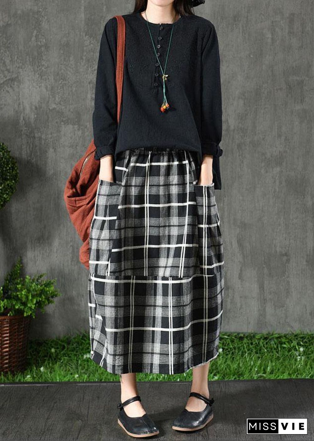 Vintage Black Plaid Pockets Patchwork A Line Fall Skirts