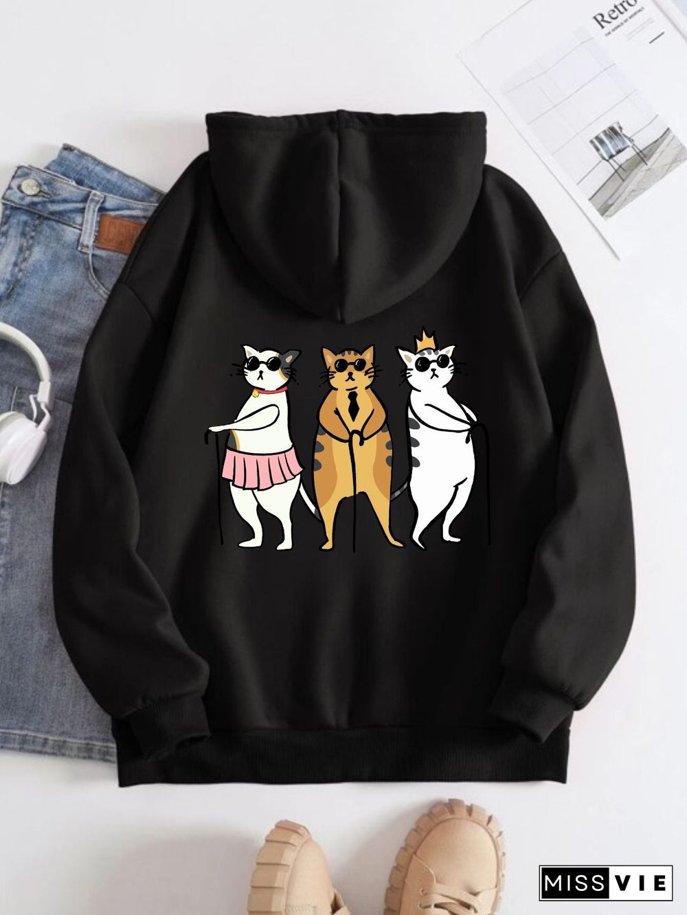 Printed on the Back Kangaroo Pocket Hoodie Long Sleeve for Women Pattern  Three Best Friend Cats