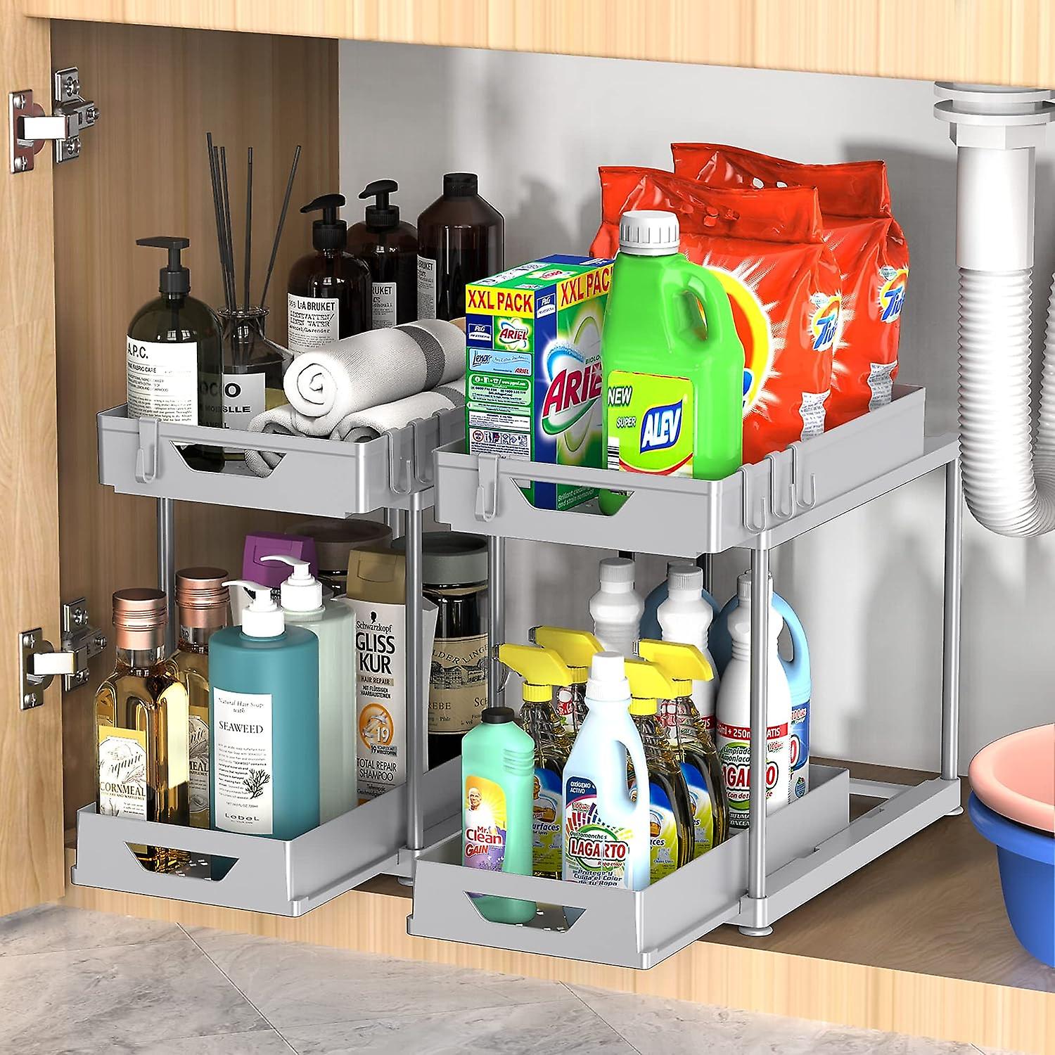 Under Sink Organizers And Storage 2 Pack， Pull-out Large Capacity Under Bathroom And Kitchen Cabinet Storage Drawer Organizer With Hooks， Multi-purpos