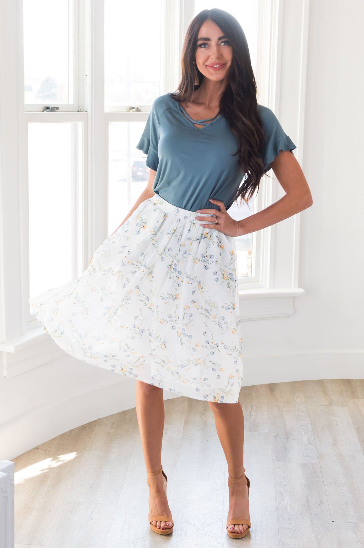 Blue & Yellow Poppy Chiffon Skirt