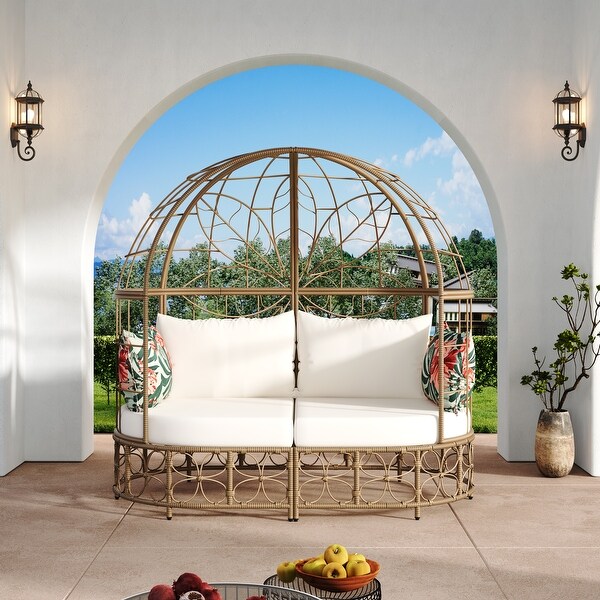 Outdoor Wicker Patio Daybed Sunbed with Curtain and Floral Pattern