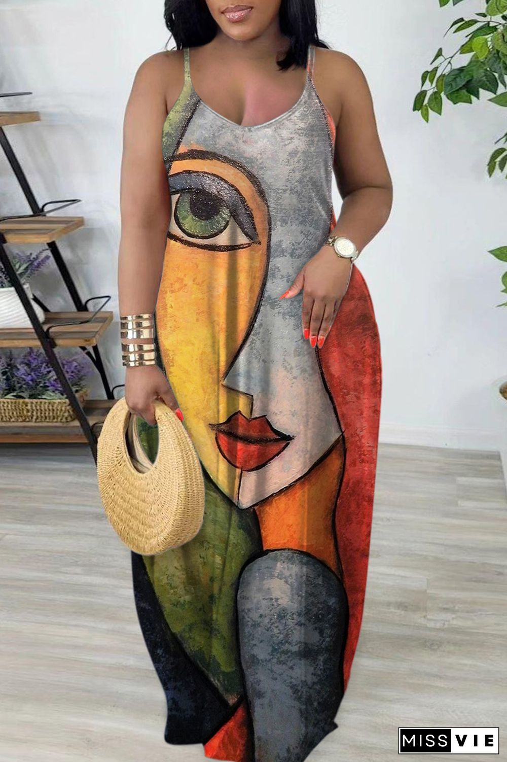 Green Sexy Casual Print Backless Spaghetti Strap Long Dress Dresses