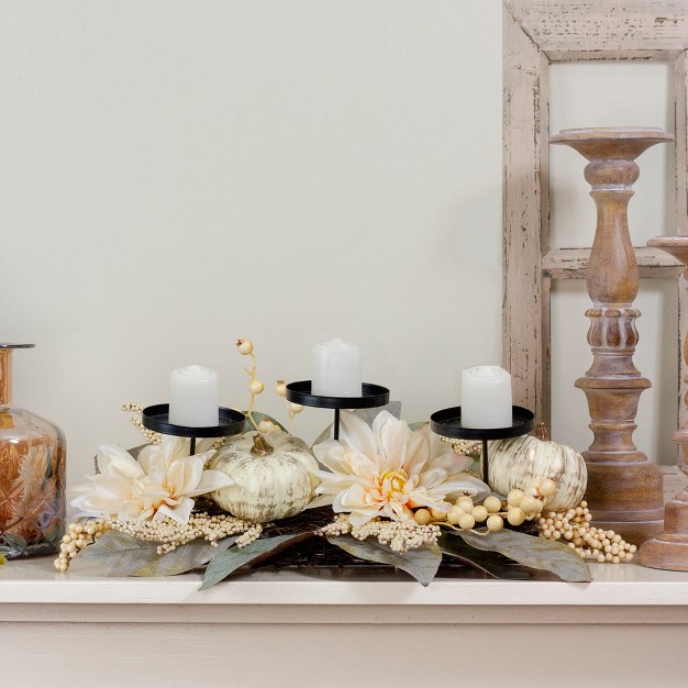 White Dahlia And Pumpkin Fall Candle Holder Centerpiece