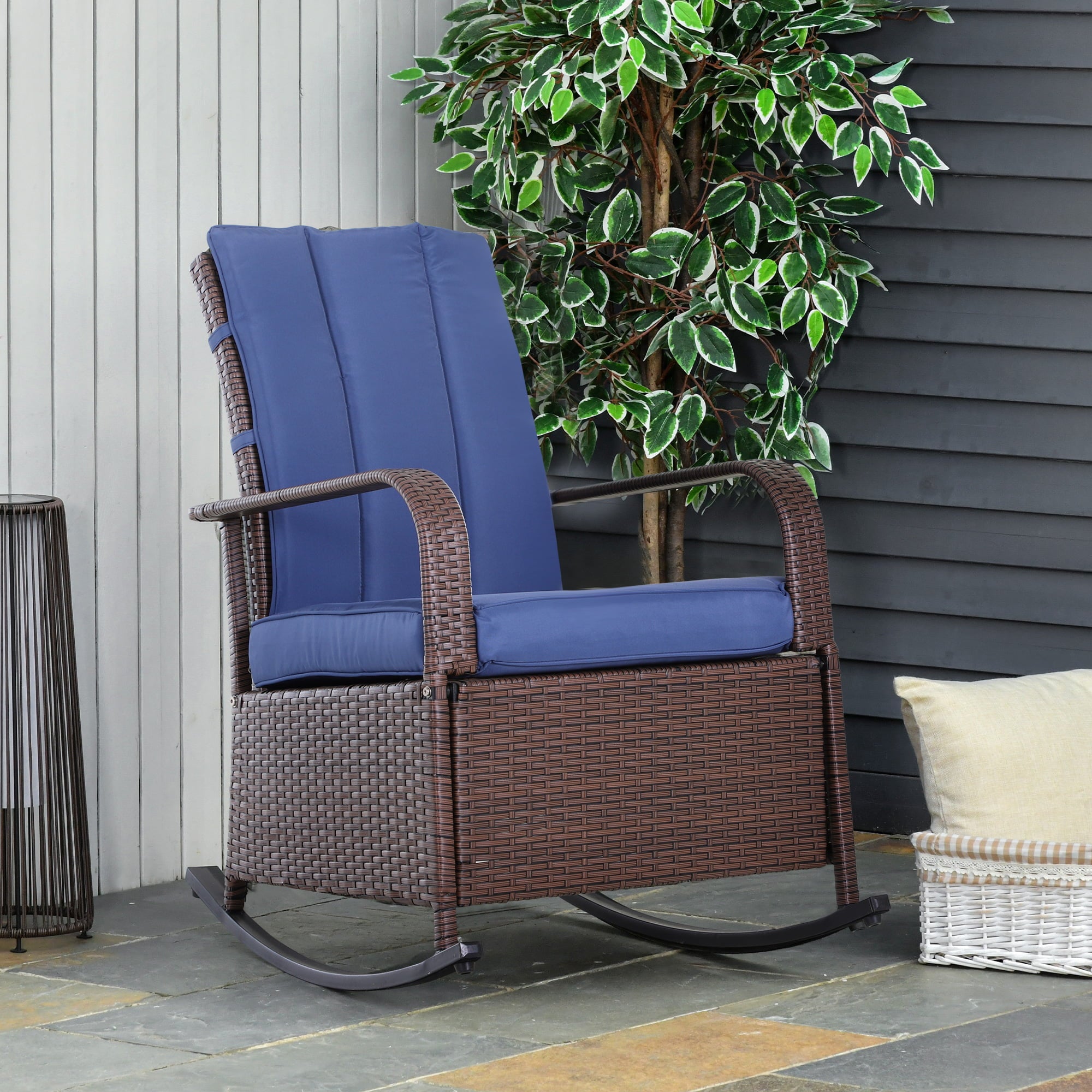 Outsunny Outdoor Rattan Recliner Rocking Chair Cushioned With Footrest