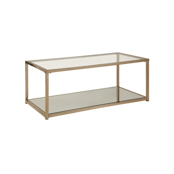 Glass Top Coffee Table with Metal Frame and Open Shelf， Brass