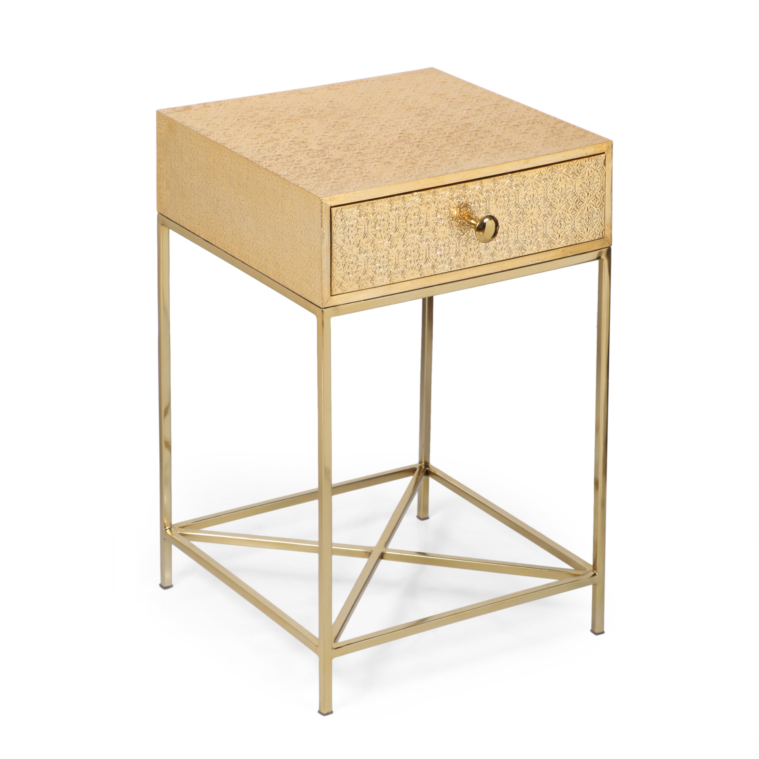 Kew Boho Handcrafted Moroccan Mesh Aluminum Nightstand with Drawer, Brass