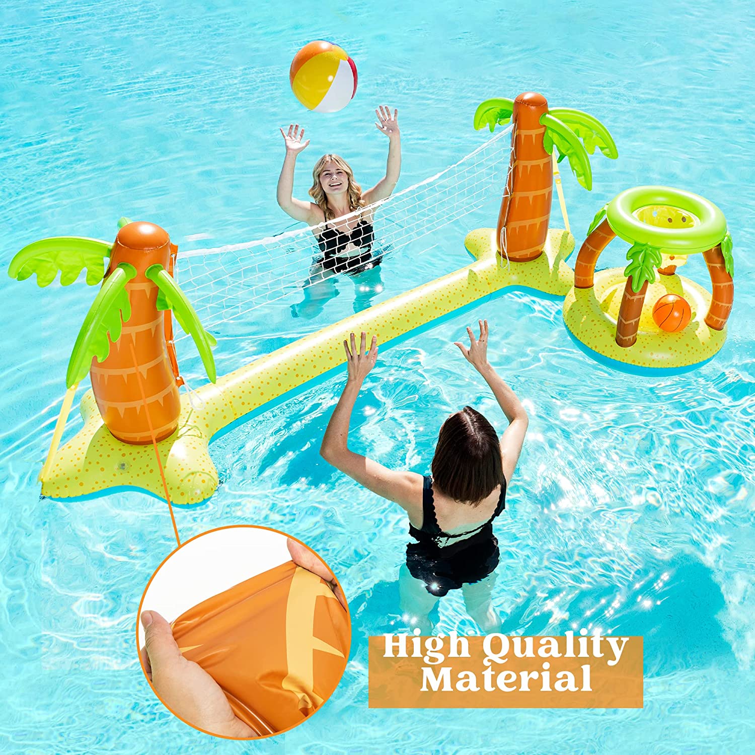 Clearance - Palm Tree Design Pool Volleyball Net & Basketball Hoop with 2 Balls