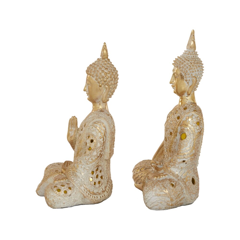 Gold Polystone Meditating Buddha Sculpture with Engraved Carvings and Relief Detailing (Set of 2)   8 x 5 x 10 and 8 x 4 x 11