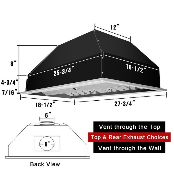 30/36 in. 3-Speeds 600CFM Ducted Insert/Built-in Range Hood， Ultra Quiet in Stainless Steel with Dimmable Lights