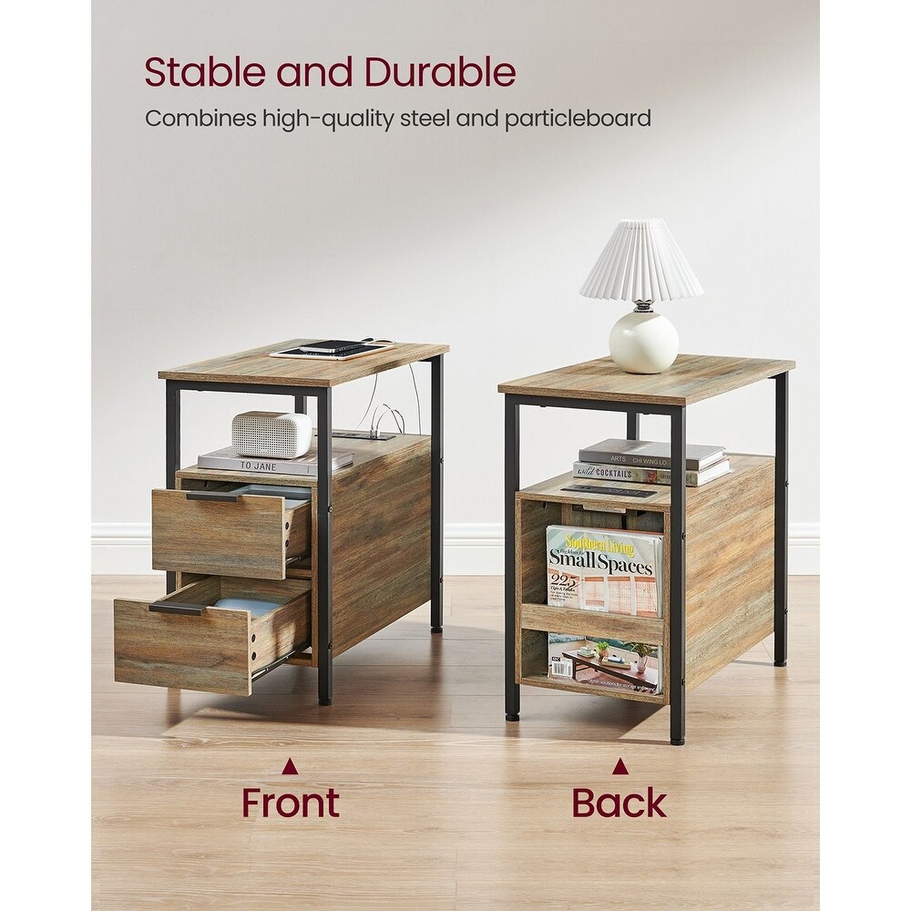 Slim Side Table Nightstand End Table with 2 Drawers and Charging Station for Small Spaces   23.6” x 13.8” x 24”