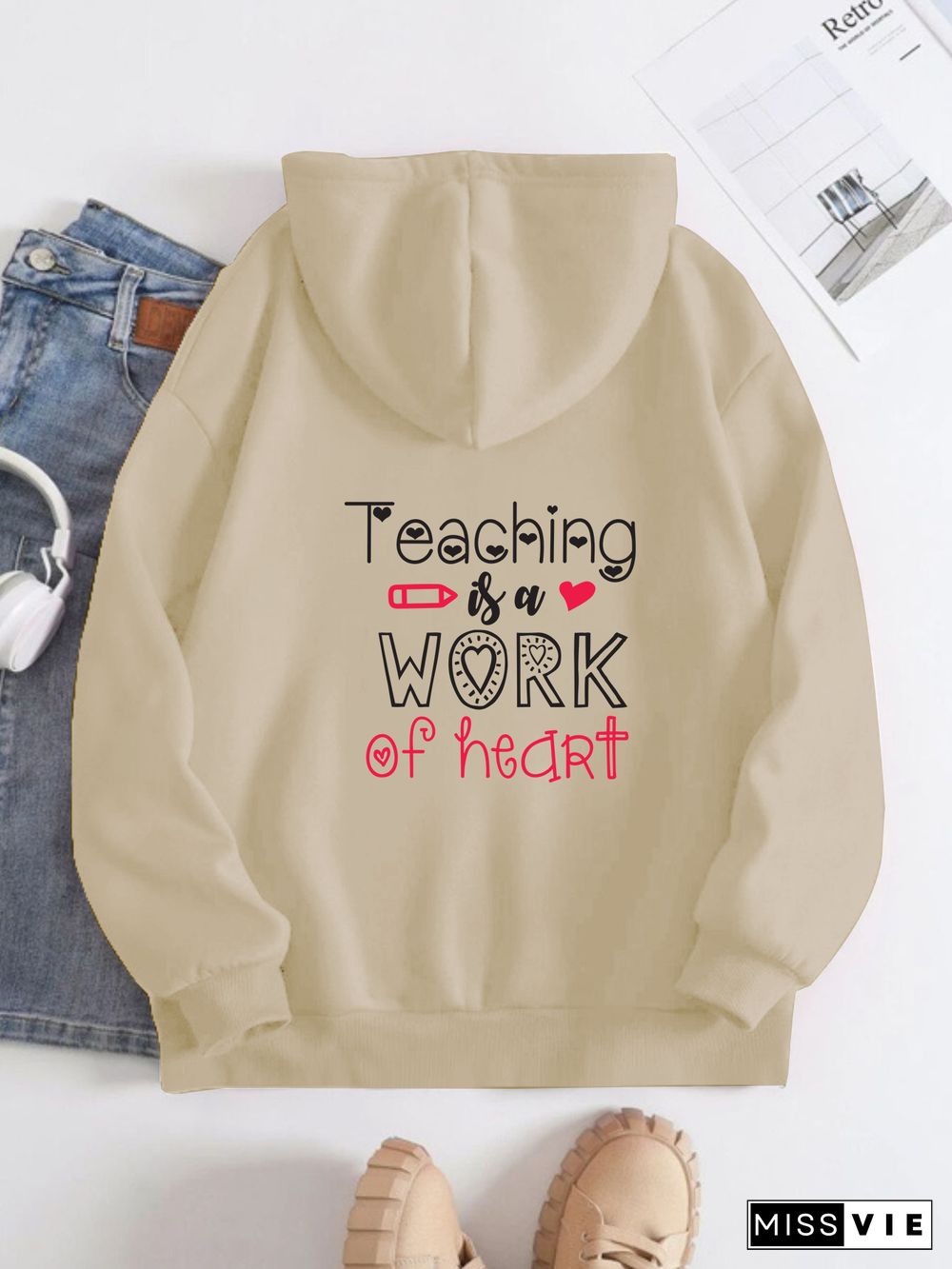 Printed on the Back Kangaroo Pocket Hoodie Long Sleeve for Women Pattern Teaching work of heart