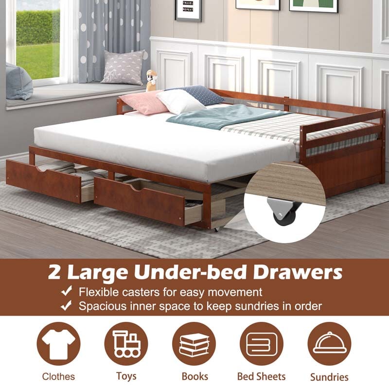 Extendable Twin to King Daybed with Trundle & 2 Storage Drawers, Dual-use Modern Sofa Bed with Roll Out Bed Frame