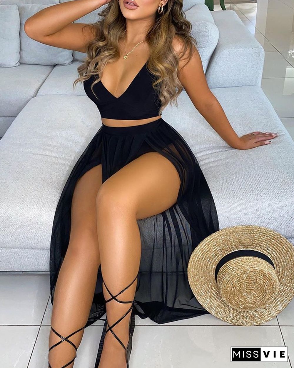 Solid Crop Top & Sheer Mesh High Slit Maxi Skirt Set