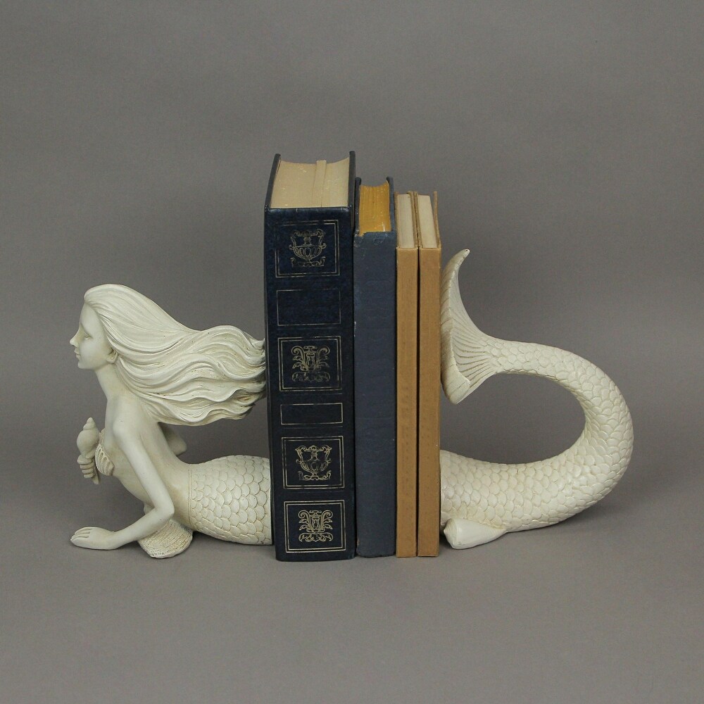 White Resin Mermaid Bookends Coastal Bookshelf Decor (Set Of 2)   6.75 X 5.25 X 3.5 inches