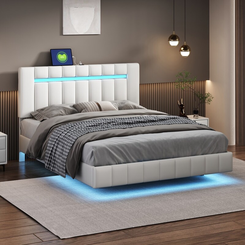 PU Upholstered Platform Bed with LED Lights and USB Charging Queen Size